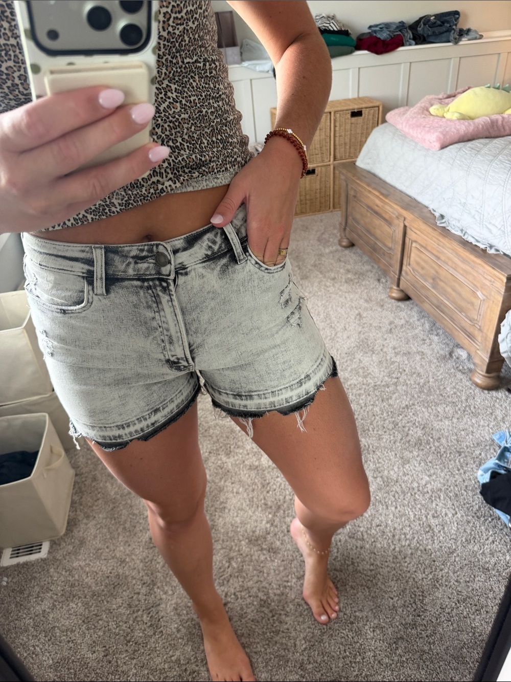 High-Rise Acid Wash Denim Shorts - Light Grey
